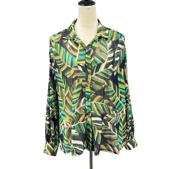 Molly Bracken Green Aloha Print Long Balloon Sleeve Button Up Relaxed Flared Top - Picture 4 of 13